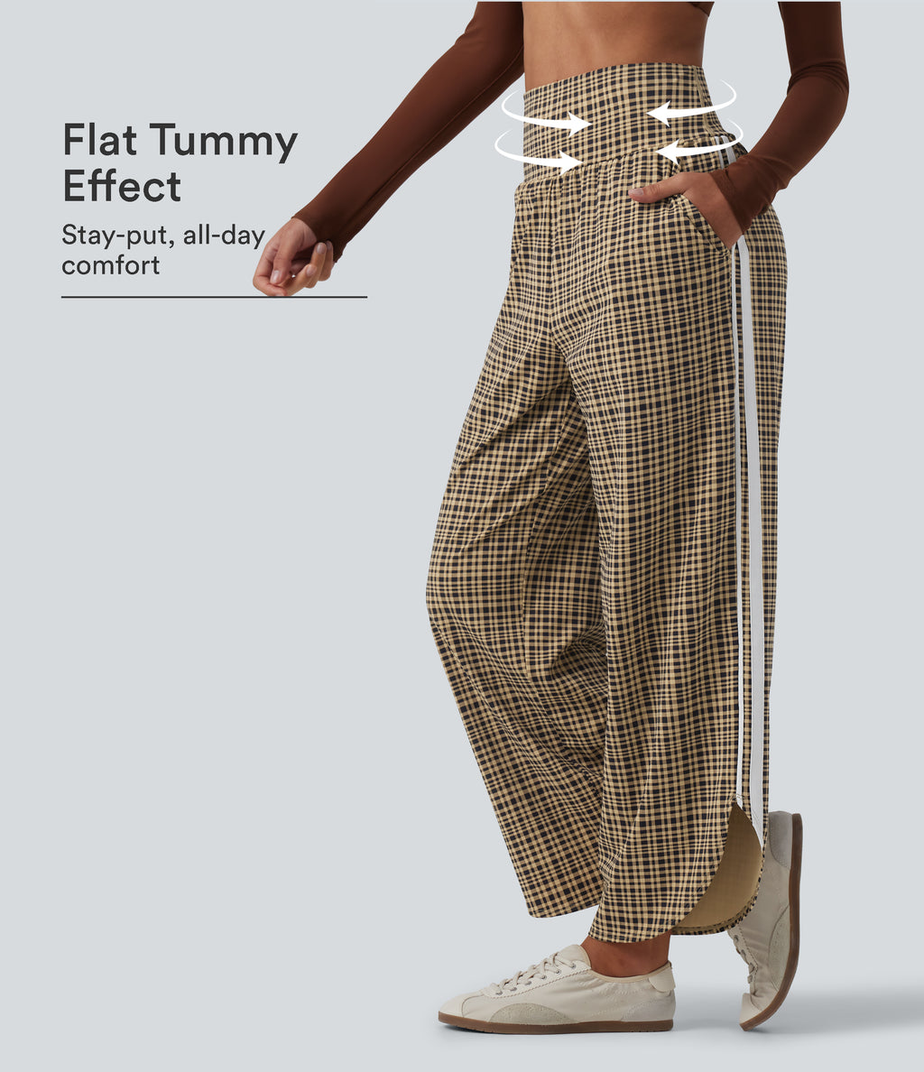 High Waisted Tummy Control Plaid Wide Leg Running Trousers with Pockets — Butter Malt Check — view 1