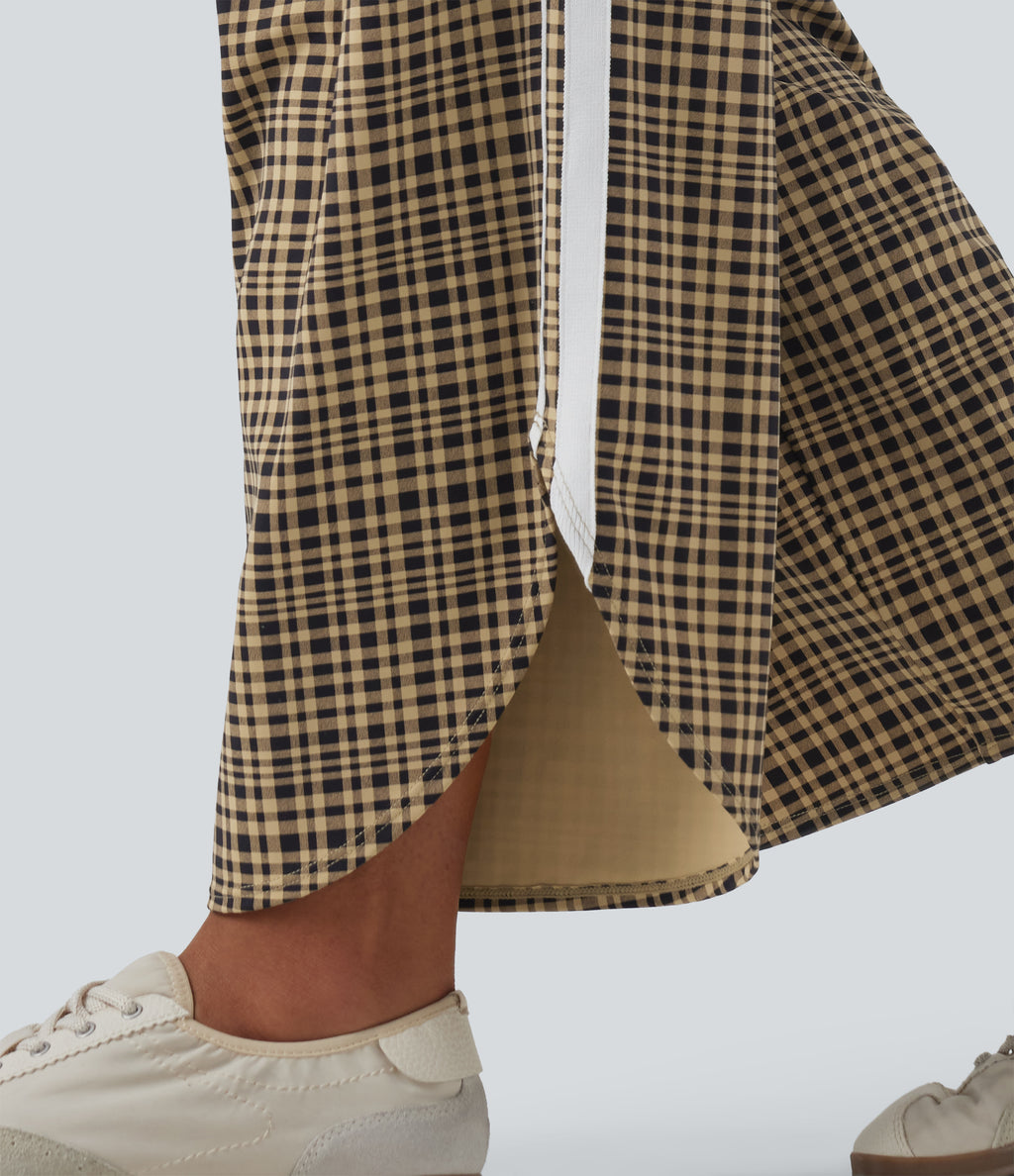 High Waisted Tummy Control Plaid Wide Leg Running Trousers with Pockets — Butter Malt Check — view 6
