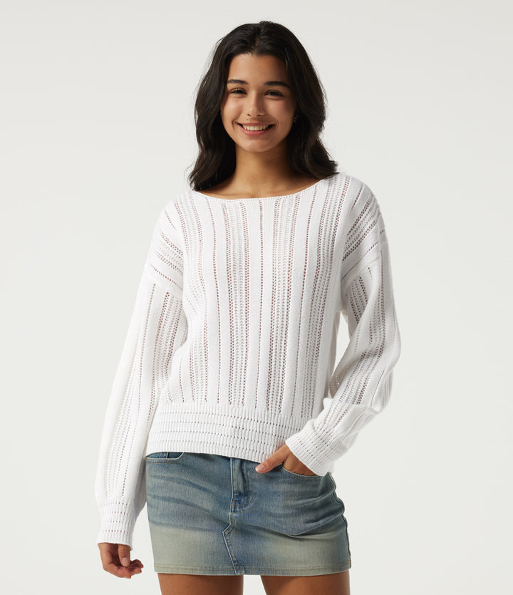 Round Neck Long Sleeve Casual Jumper — White — view 1
