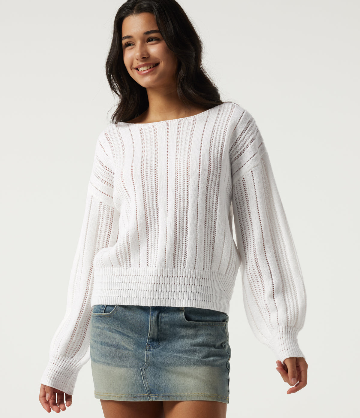 Round Neck Long Sleeve Casual Jumper — White — view 4