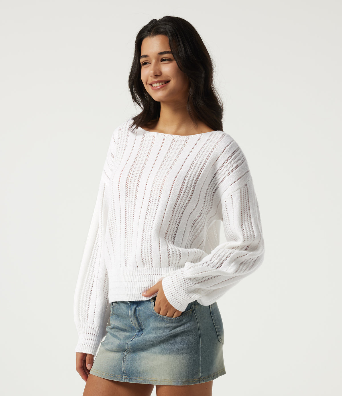 Round Neck Long Sleeve Casual Jumper — White — view 3