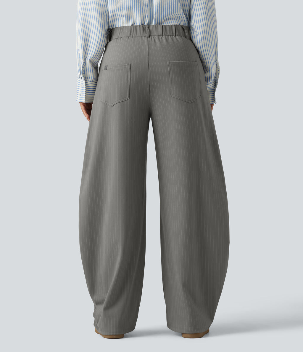Mid Rise Barrel Leg Stripe Casual Trousers with Pockets — Dusk Smoke Pinstripe — view 2