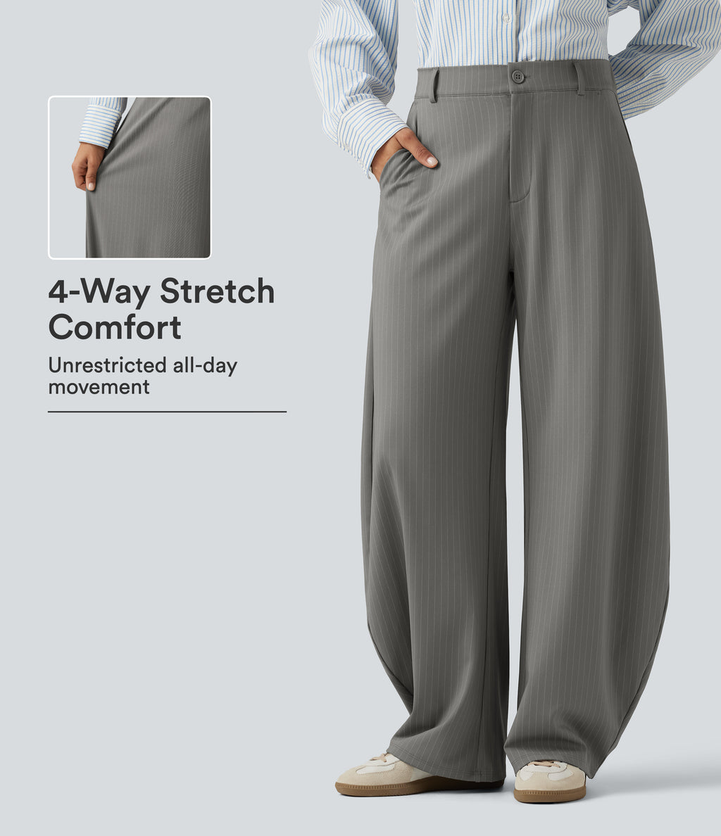 Mid Rise Barrel Leg Stripe Casual Trousers with Pockets — Dusk Smoke Pinstripe — view 1