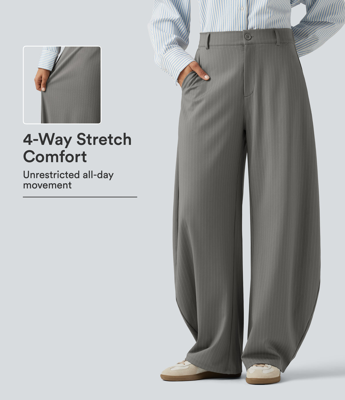 Mid Rise Barrel Leg Stripe Casual Trousers with Pockets — Dusk Smoke Pinstripe — view 1