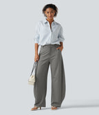 Mid Rise Barrel Leg Stripe Casual Trousers with Pockets — Dusk Smoke Pinstripe — view 7