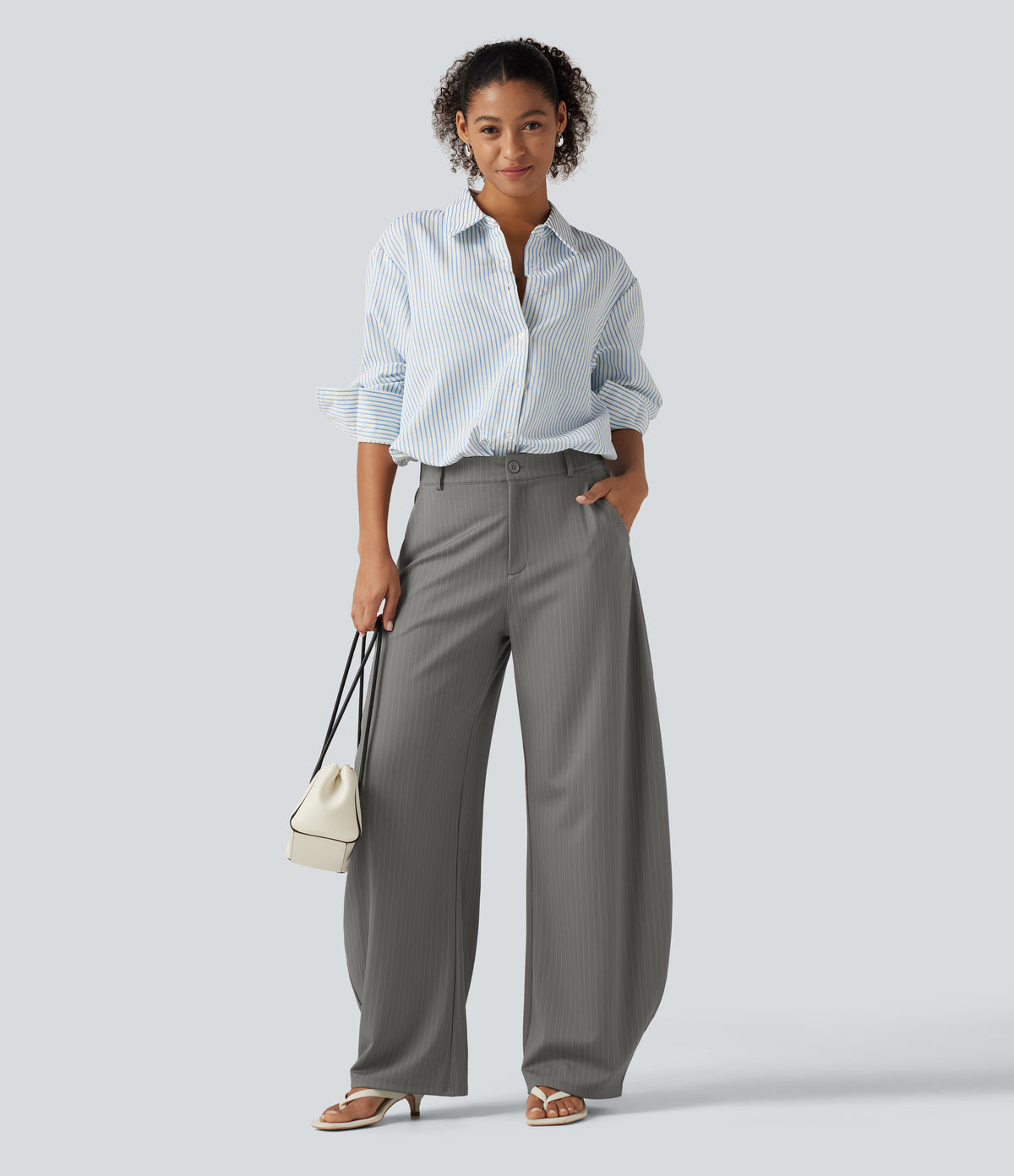 Mid Rise Barrel Leg Stripe Casual Trousers with Pockets — Dusk Smoke Pinstripe — view 7