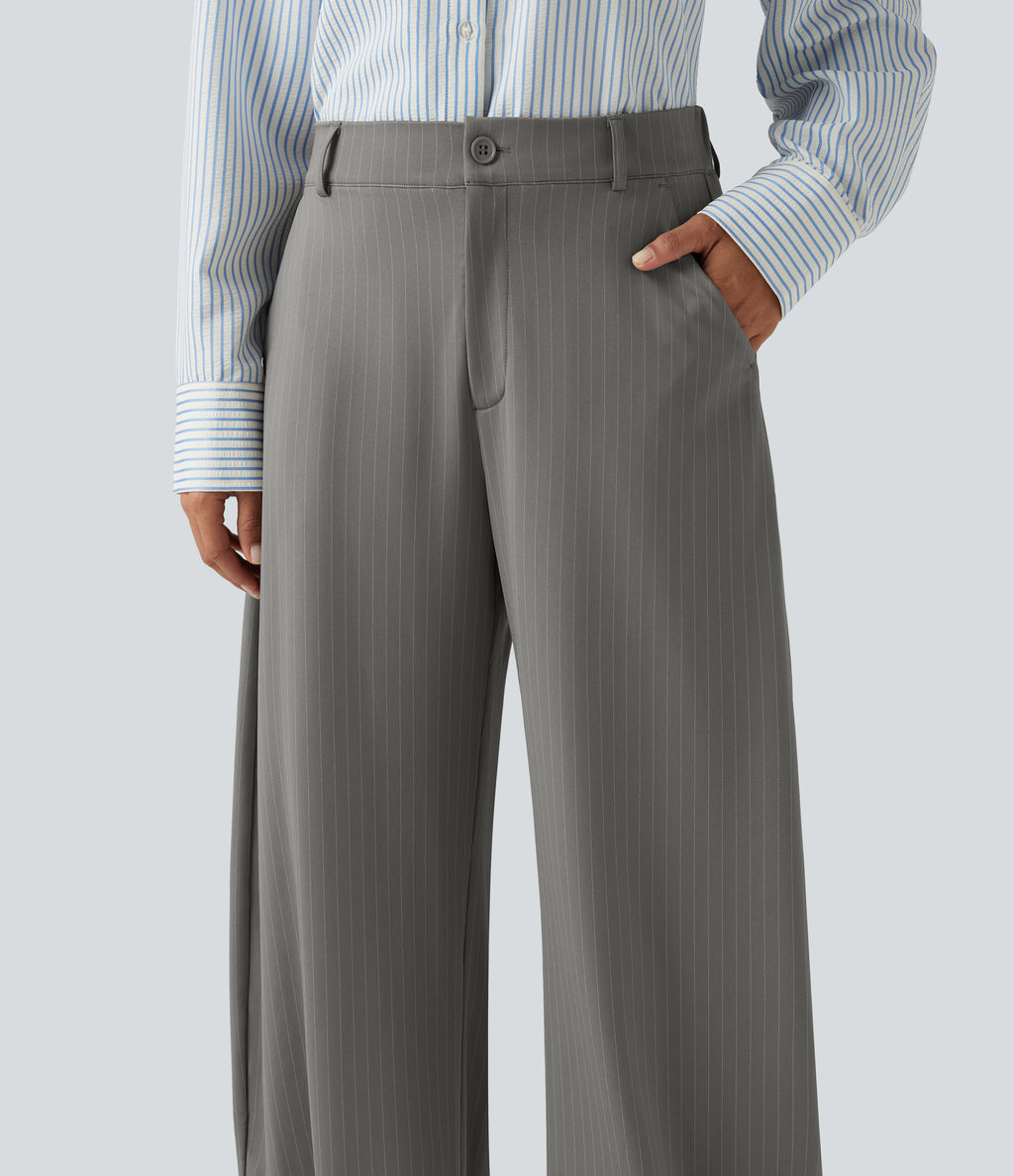 Mid Rise Barrel Leg Stripe Casual Trousers with Pockets — Dusk Smoke Pinstripe — view 4