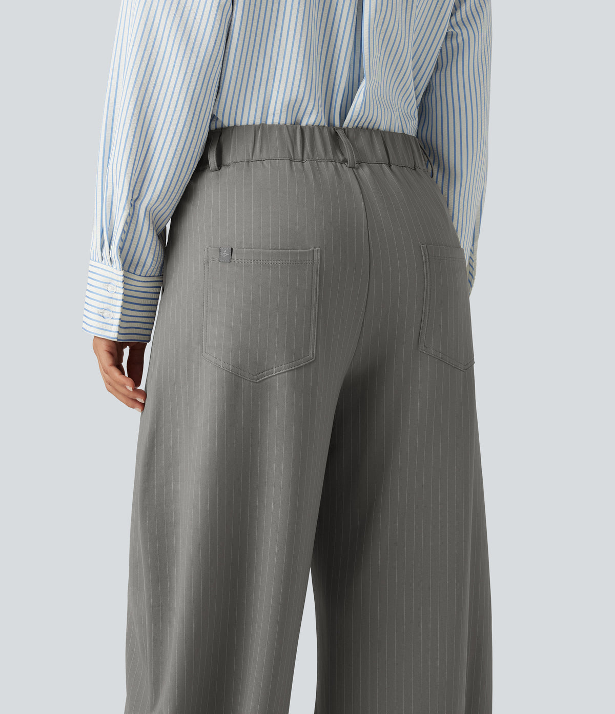 Mid Rise Barrel Leg Stripe Casual Trousers with Pockets — Dusk Smoke Pinstripe — view 5