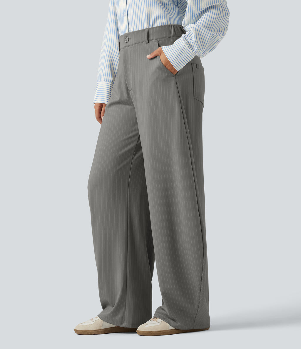 Mid Rise Barrel Leg Stripe Casual Trousers with Pockets — Dusk Smoke Pinstripe — view 3