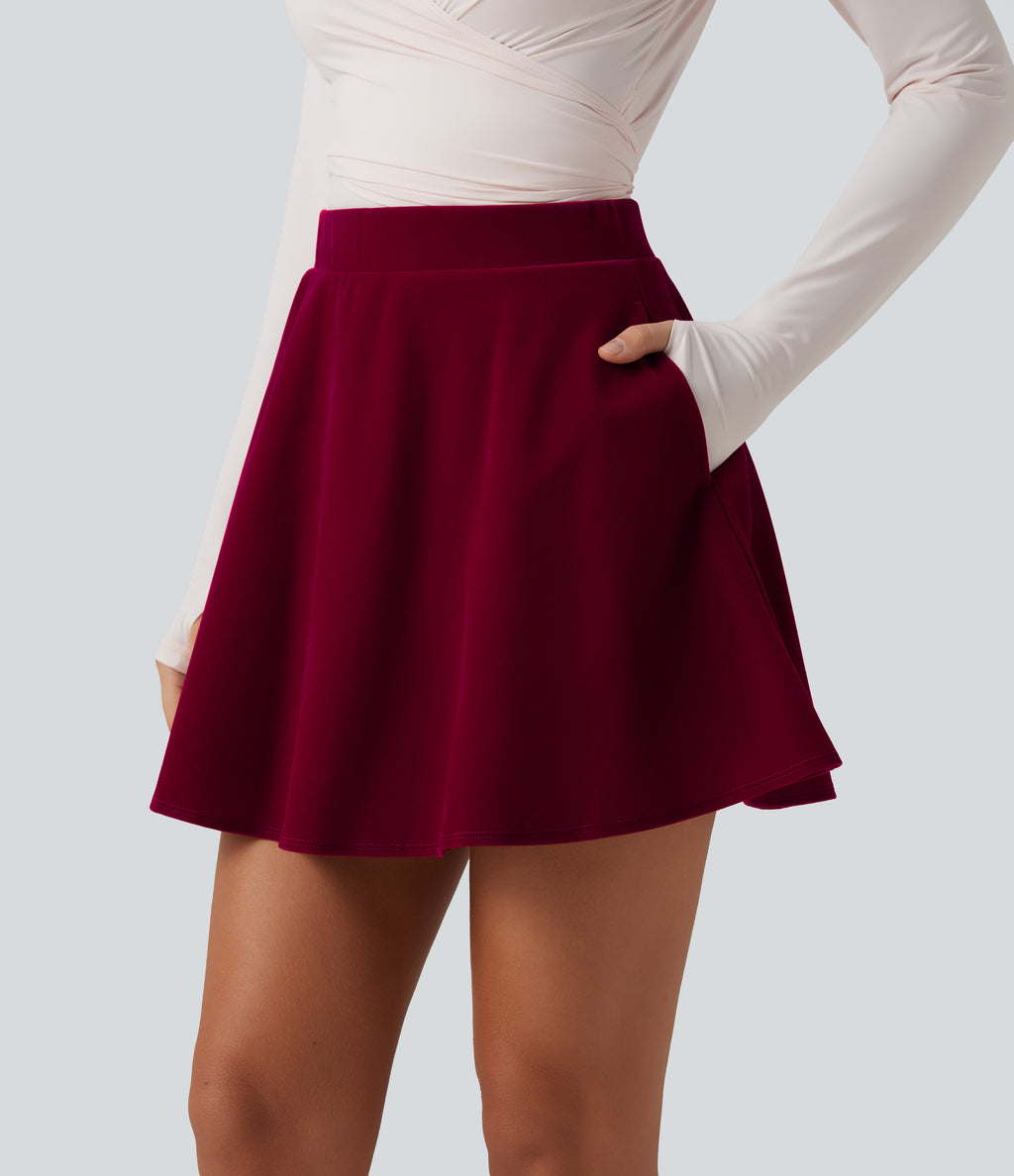 High Waisted A-Line Velvet Party Mini Skirt with Pockets — Cardinal Red — view 1