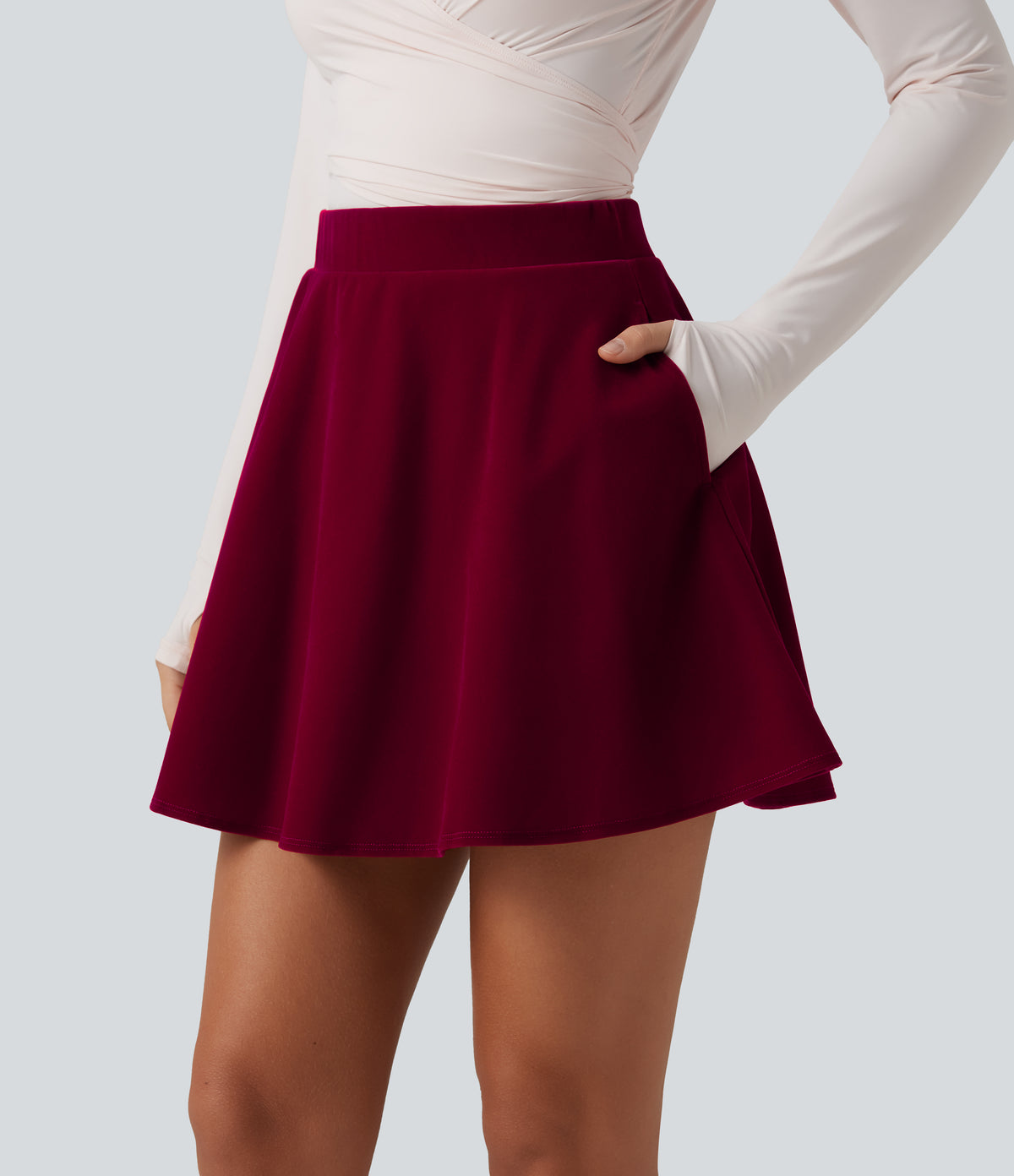 High Waisted A-Line Velvet Party Mini Skirt with Pockets — Cardinal Red — view 1