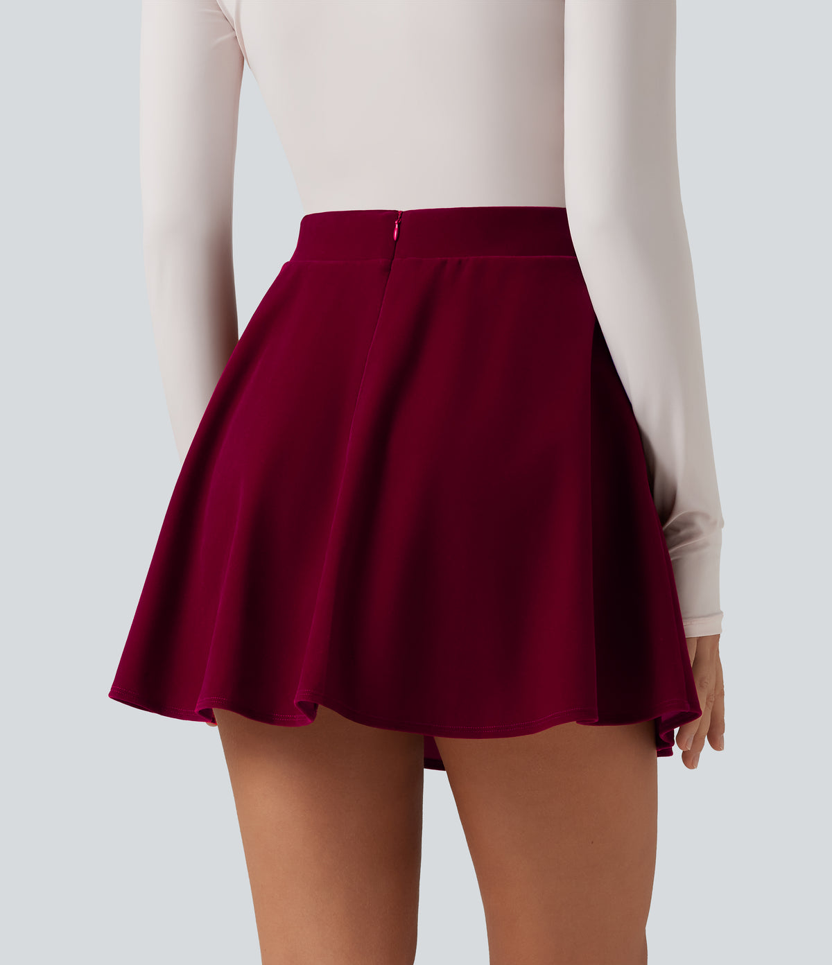 High Waisted A-Line Velvet Party Mini Skirt with Pockets — Cardinal Red — view 2