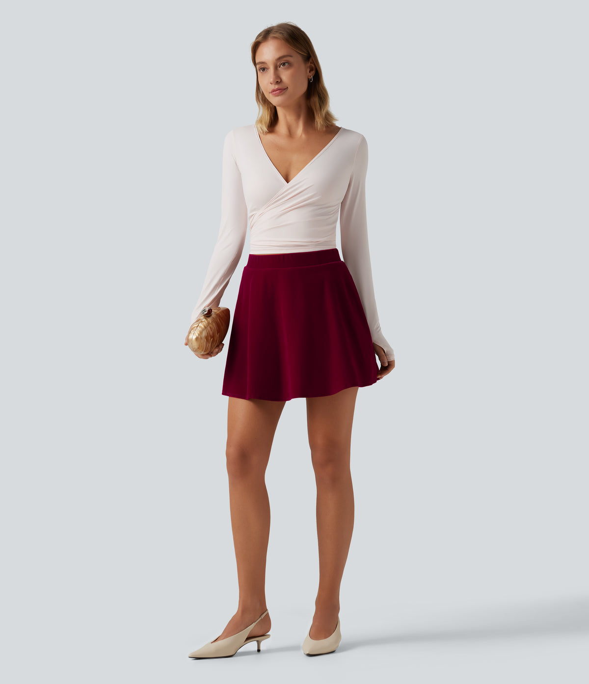 High Waisted A-Line Velvet Party Mini Skirt with Pockets — Cardinal Red — view 6