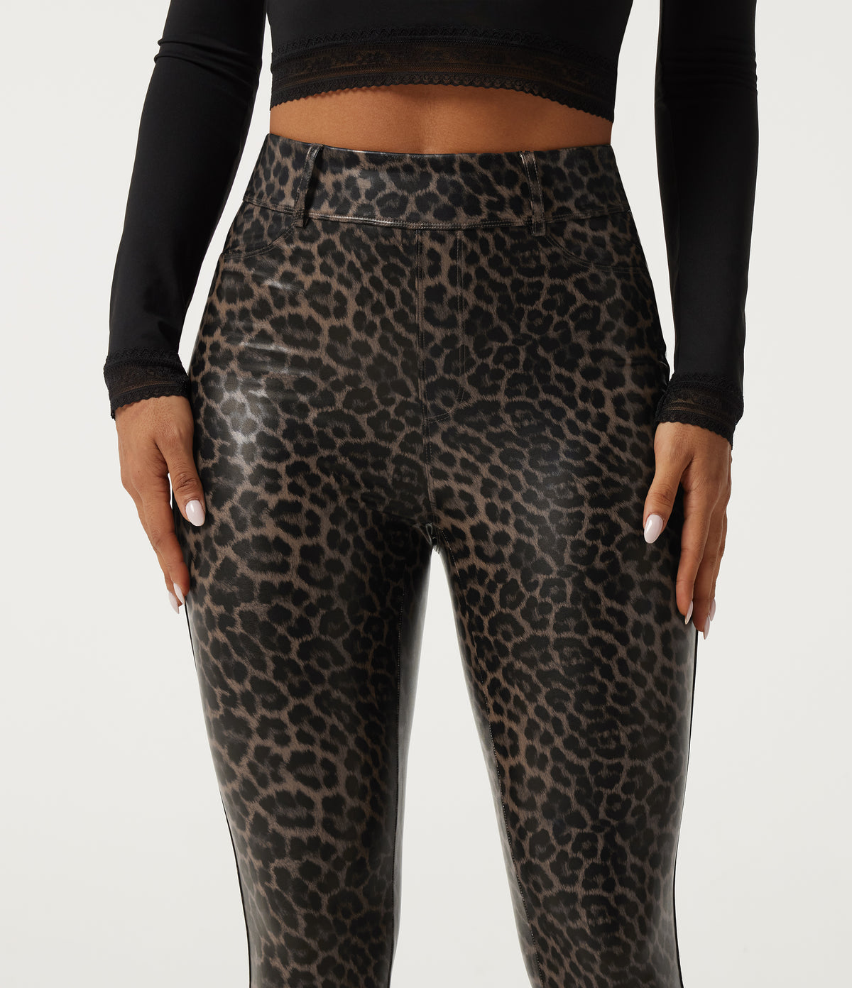High Waisted Stretchy PU Leopard Print Casual Leggings with Pockets — Cozy Feline — view 4