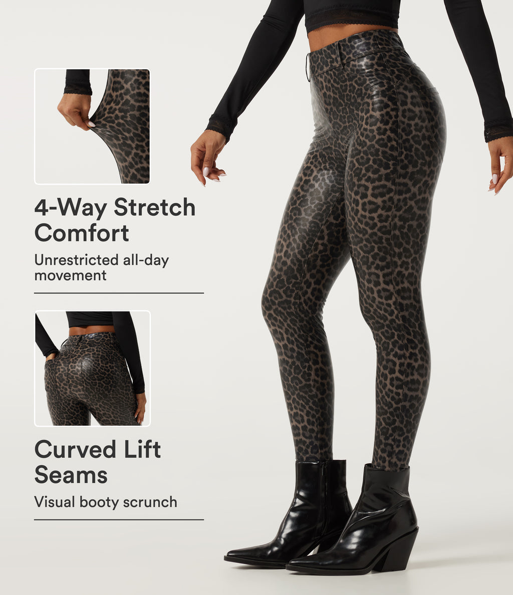 High Waisted Stretchy PU Leopard Print Casual Leggings with Pockets — Cozy Feline — view 1