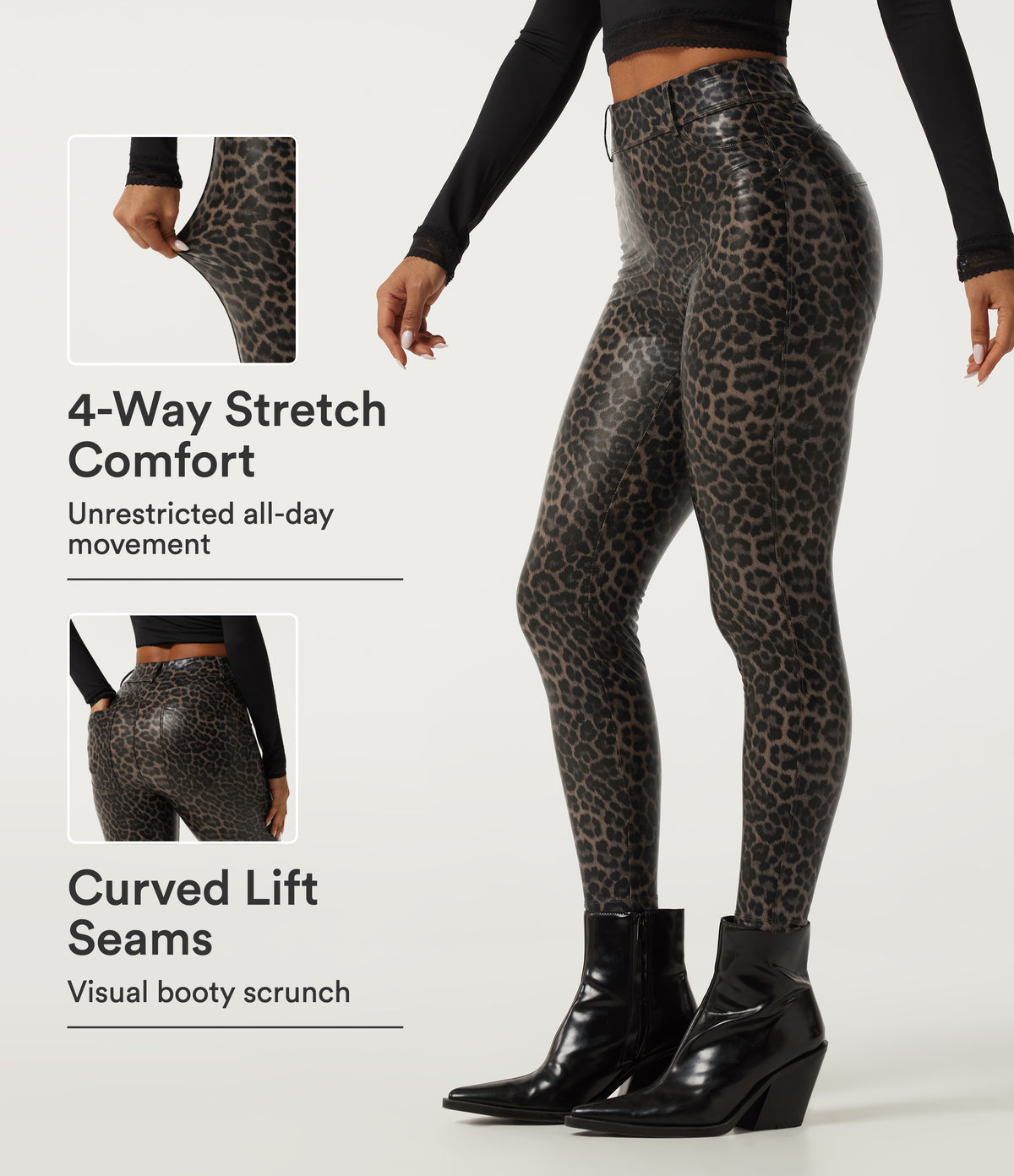 High Waisted Stretchy PU Leopard Print Casual Leggings with Pockets — Cozy Feline — view 1