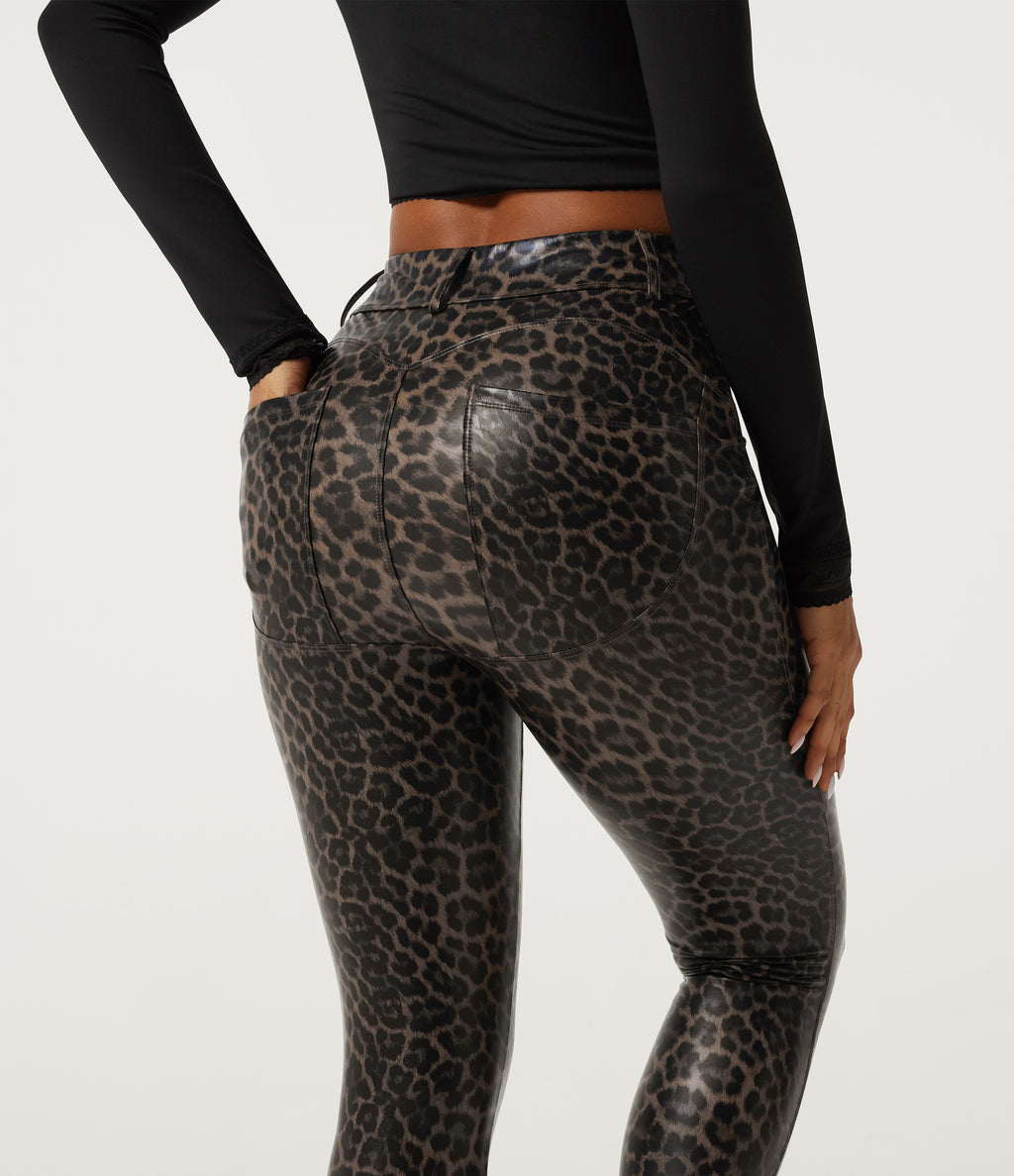 High Waisted Stretchy PU Leopard Print Casual Leggings with Pockets — Cozy Feline — view 5