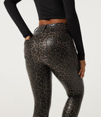 High Waisted Stretchy PU Leopard Print Casual Leggings with Pockets — Cozy Feline — view 5