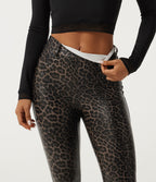 High Waisted Stretchy PU Leopard Print Casual Leggings with Pockets — Cozy Feline — view 6