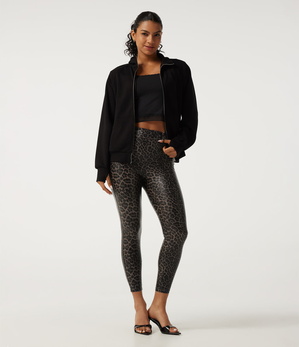 High Waisted Stretchy PU Leopard Print Casual Leggings with Pockets — Cozy Feline — view 8