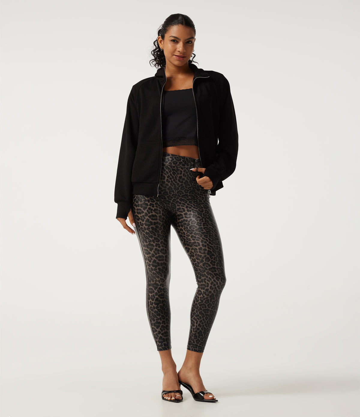 High Waisted Stretchy PU Leopard Print Casual Leggings with Pockets — Cozy Feline — view 8