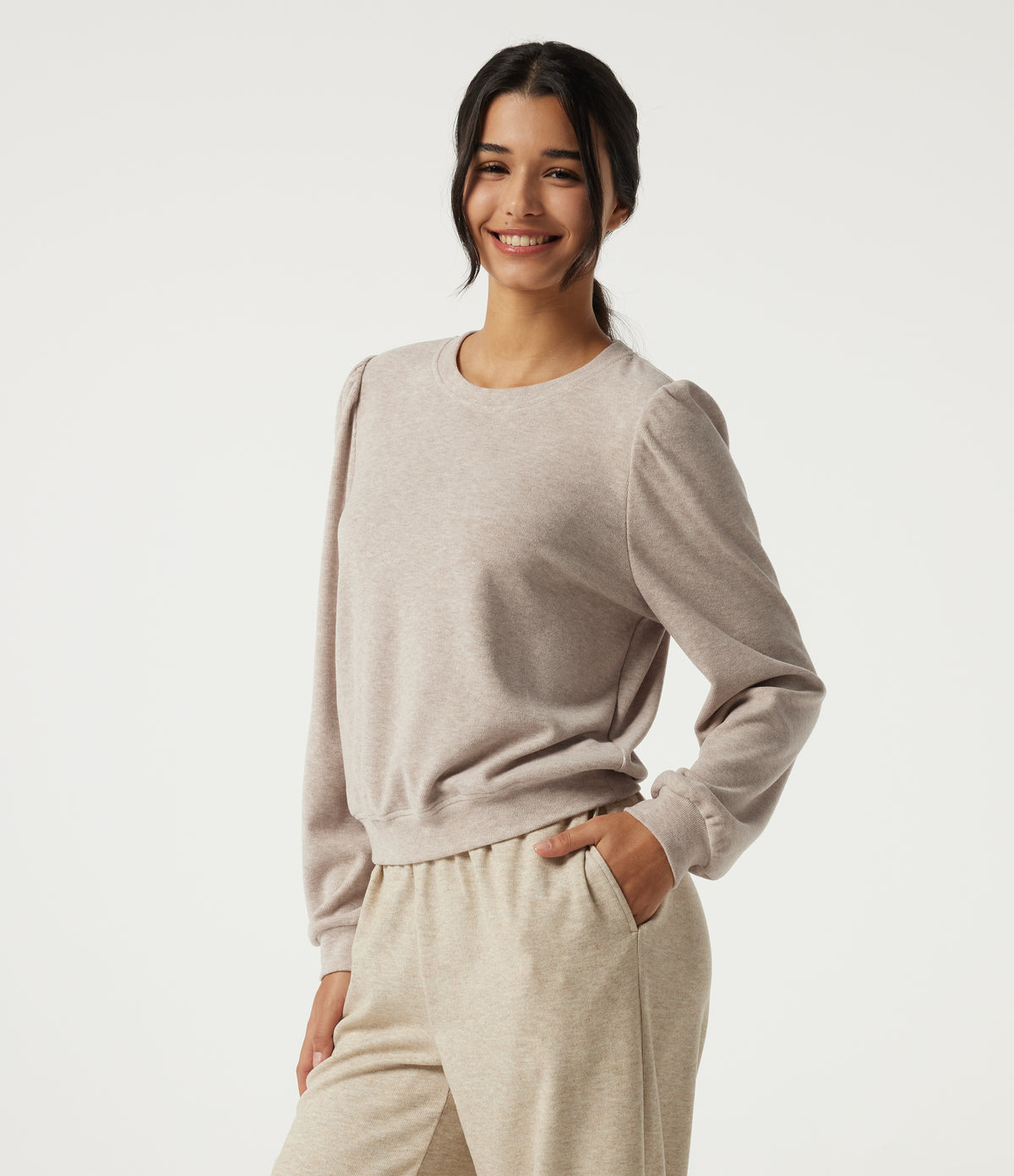 Round Neck Long Sleeve Lounge Top — Cement — view 3
