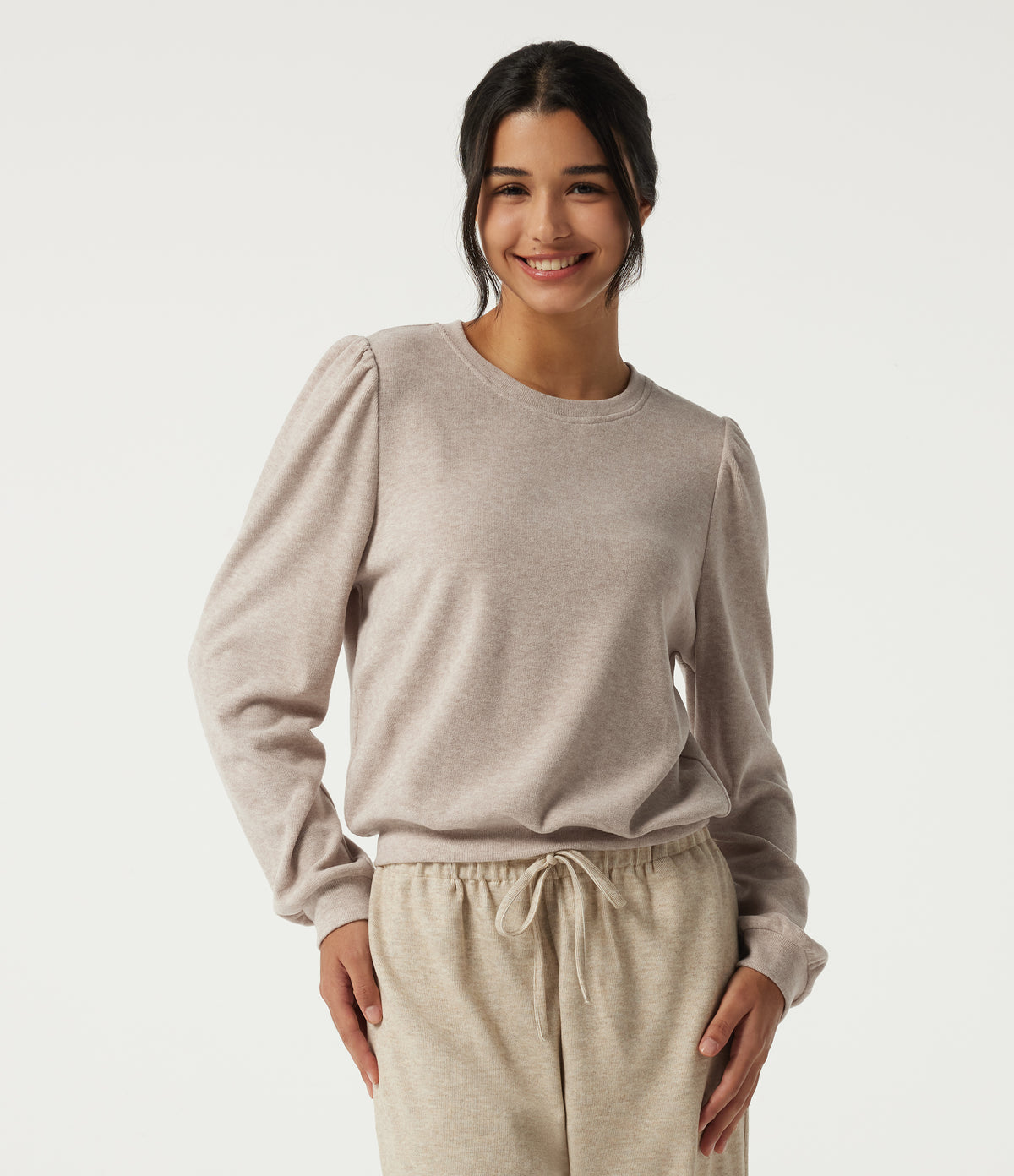 Round Neck Long Sleeve Lounge Top — Cement — view 4