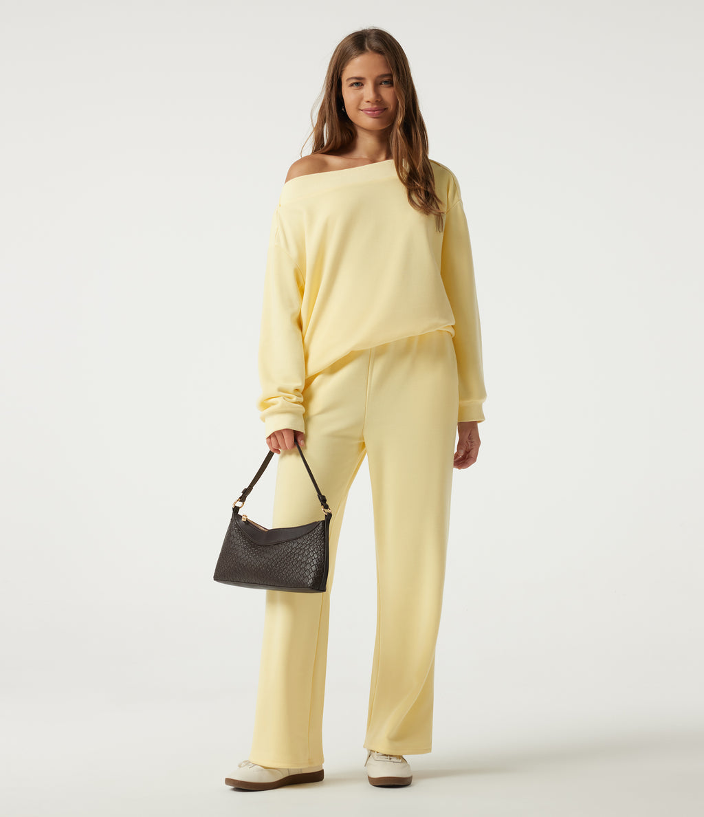High Waisted Wide Leg Fleece Casual Sweatpants with Pockets — Pear Sorbet — view 4