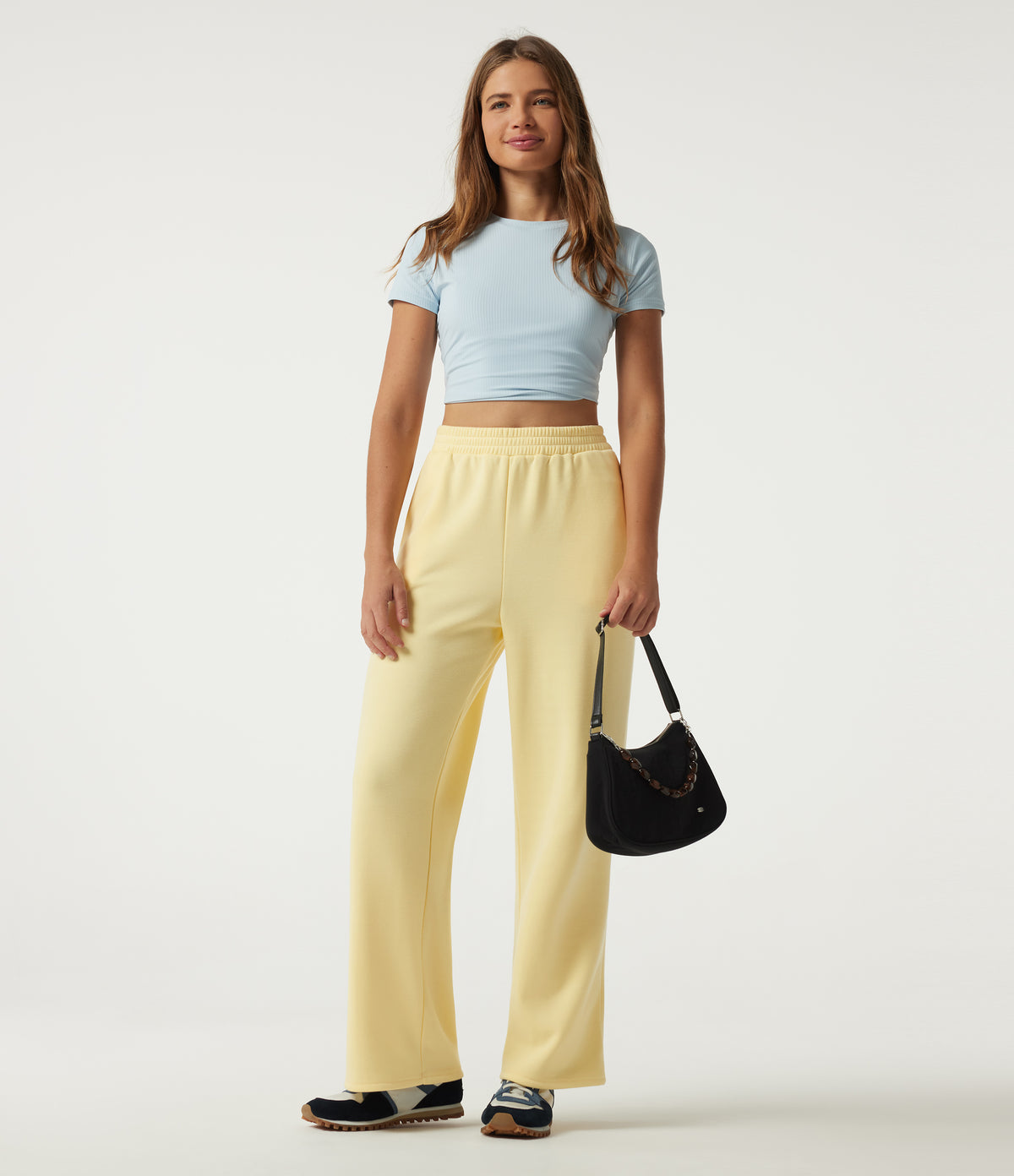 High Waisted Wide Leg Fleece Casual Sweatpants with Pockets — Pear Sorbet — view 7