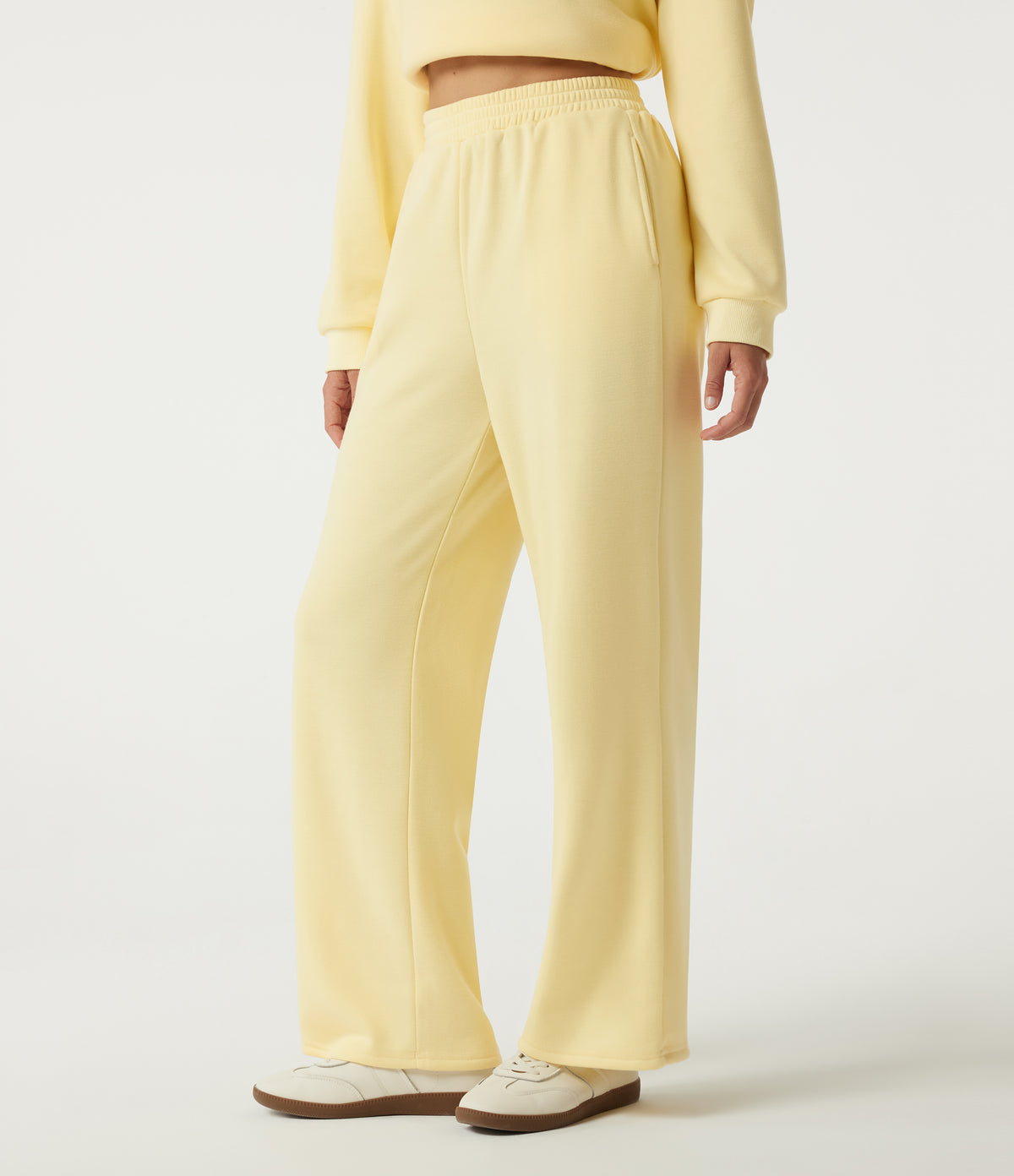 High Waisted Wide Leg Fleece Casual Sweatpants with Pockets — Pear Sorbet — view 3