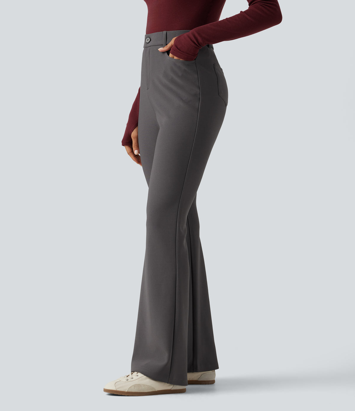 High Waisted Bootcut Work Trousers with Pockets — Steel Gray — view 3