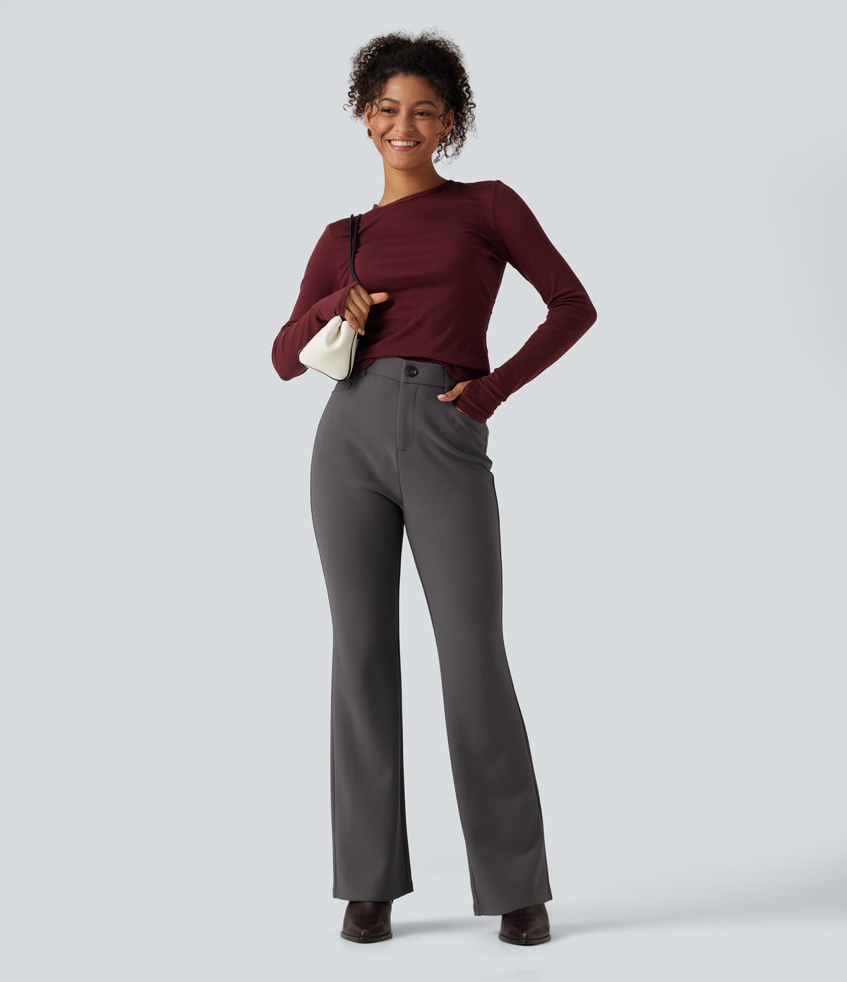 High Waisted Bootcut Work Trousers with Pockets — Steel Gray — view 6
