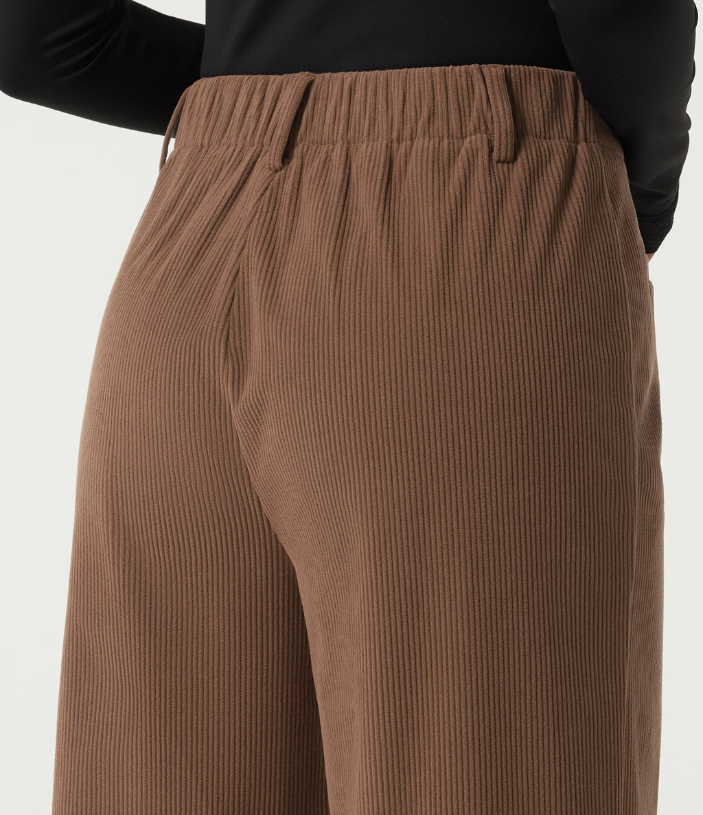High Waisted Wide Leg Corduroy Casual Trousers with Pockets — Cappuccino — view 5