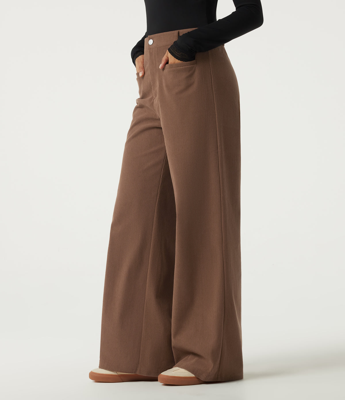 High Waisted Wide Leg Corduroy Casual Trousers with Pockets — Cappuccino — view 3