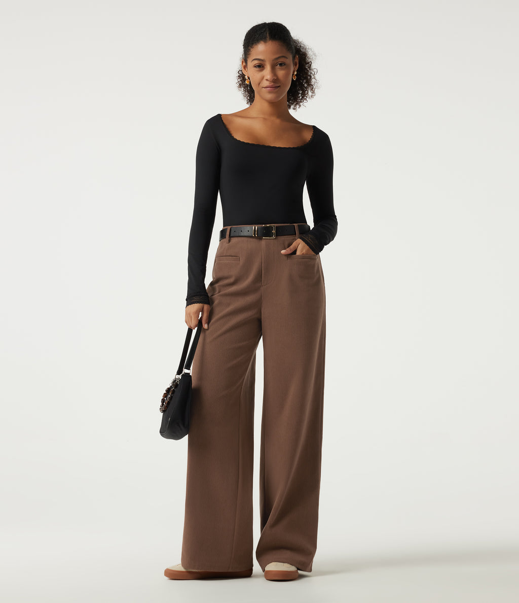 High Waisted Wide Leg Corduroy Casual Trousers with Pockets — Cappuccino — view 6
