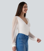 V Neck Long Sleeve Polka Dot Contrast Mesh Casual Blouse — White Alyssum — view 3