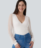 V Neck Long Sleeve Polka Dot Contrast Mesh Casual Blouse — White Alyssum — view 1