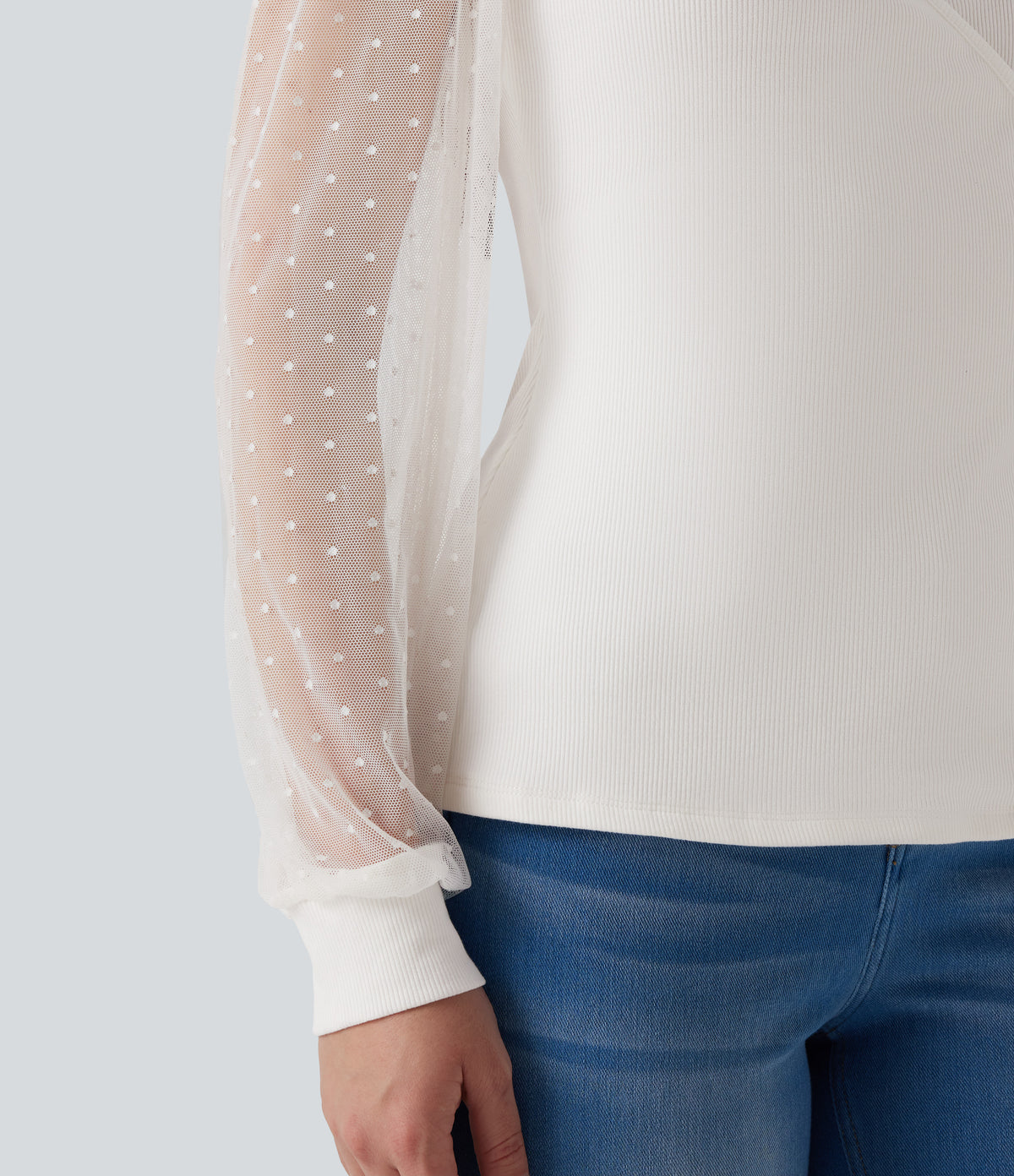 V Neck Long Sleeve Polka Dot Contrast Mesh Casual Blouse — White Alyssum — view 5
