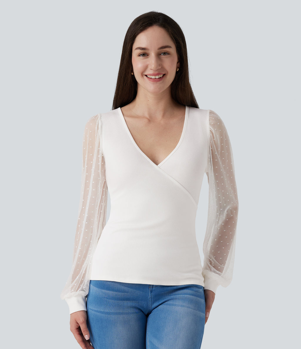 V Neck Long Sleeve Polka Dot Contrast Mesh Casual Blouse — White Alyssum — view 4