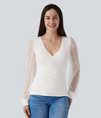 V Neck Long Sleeve Polka Dot Contrast Mesh Casual Blouse — White Alyssum — view 4