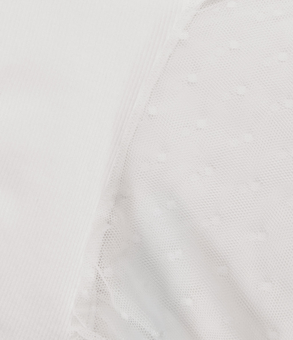 V Neck Long Sleeve Polka Dot Contrast Mesh Casual Blouse — White Alyssum — view 8