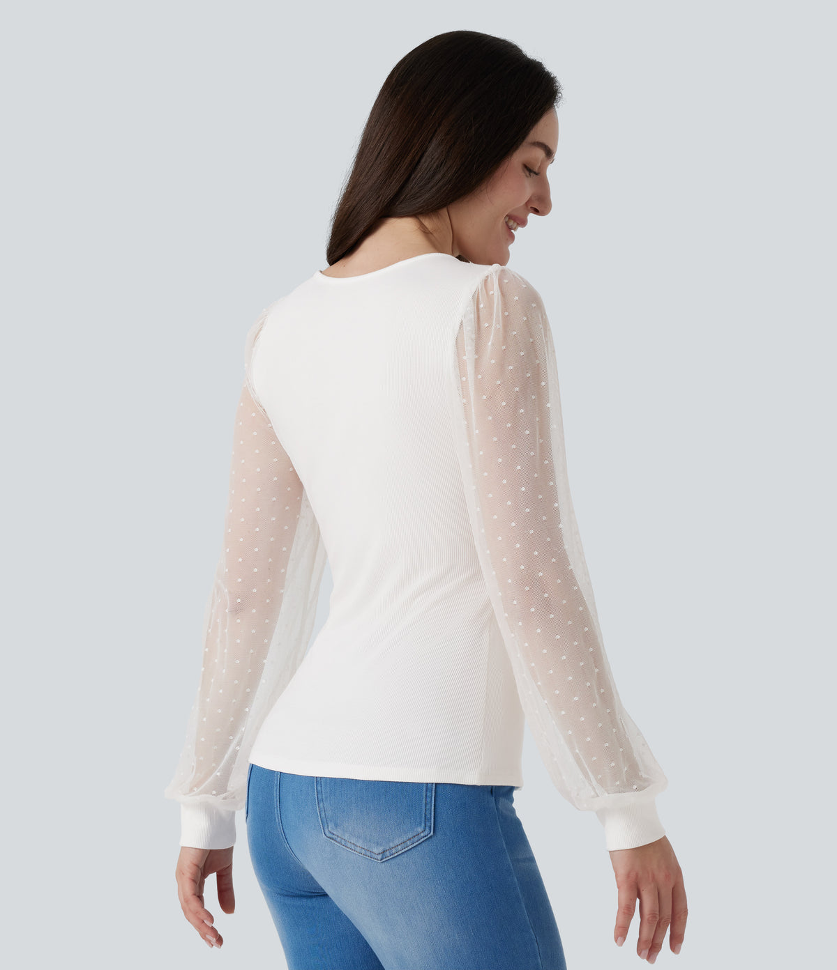 V Neck Long Sleeve Polka Dot Contrast Mesh Casual Blouse — White Alyssum — view 2