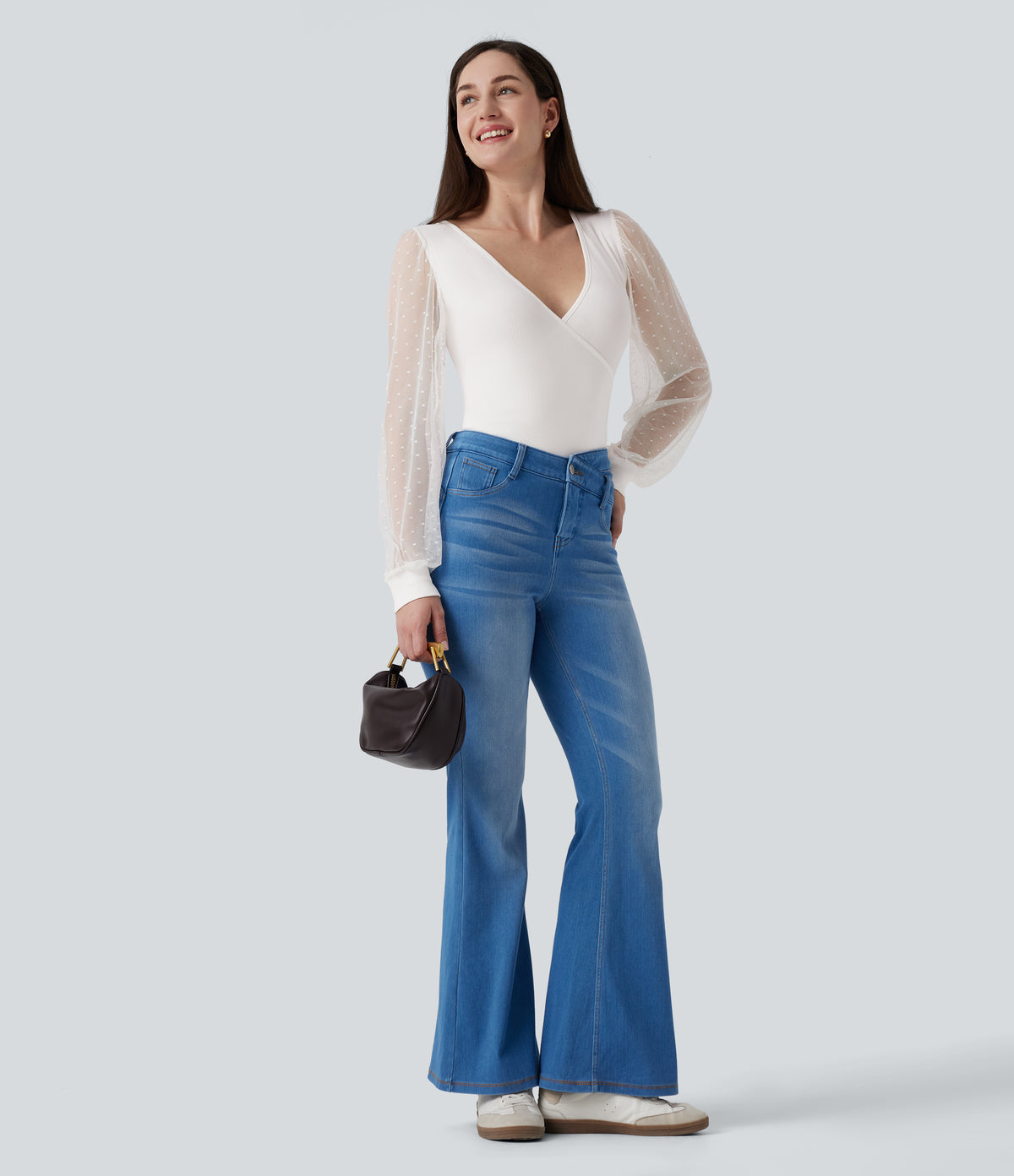 V Neck Long Sleeve Polka Dot Contrast Mesh Casual Blouse — White Alyssum — view 7