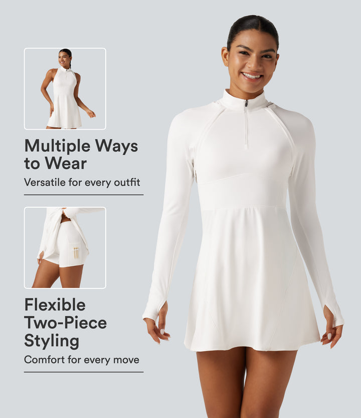 Airy Mock Neck Long Sleeve A-Line InstantCool Golf Mini Dress with Separate Liner Shorts and Pockets — White — view 1