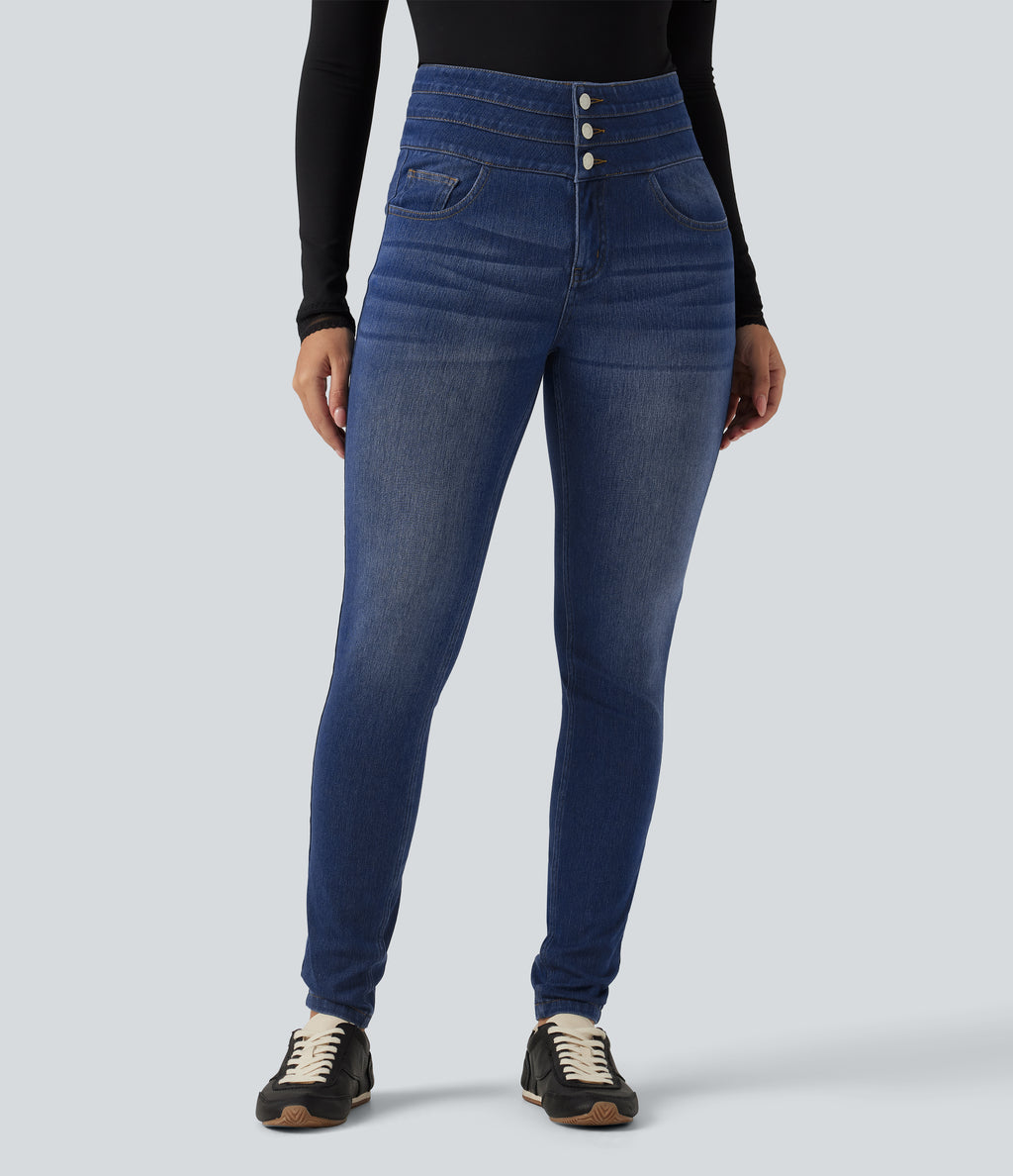 High Waisted Skinny Casual Jeans with Pockets — Tide Blue Denim — view 3