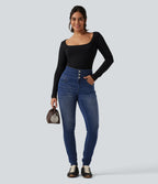 High Waisted Skinny Casual Jeans with Pockets — Tide Blue Denim — view 7