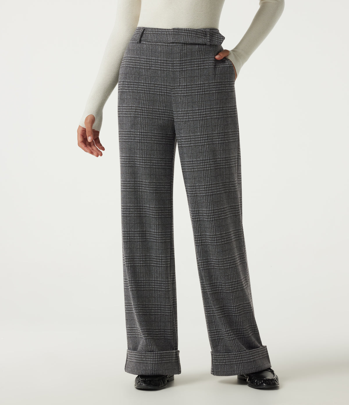 High Waisted Wide Leg Casual Trousers with Pockets — Dark Gray Plaid — view 3