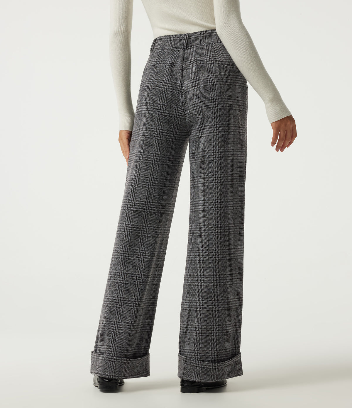 High Waisted Wide Leg Casual Trousers with Pockets — Dark Gray Plaid — view 2