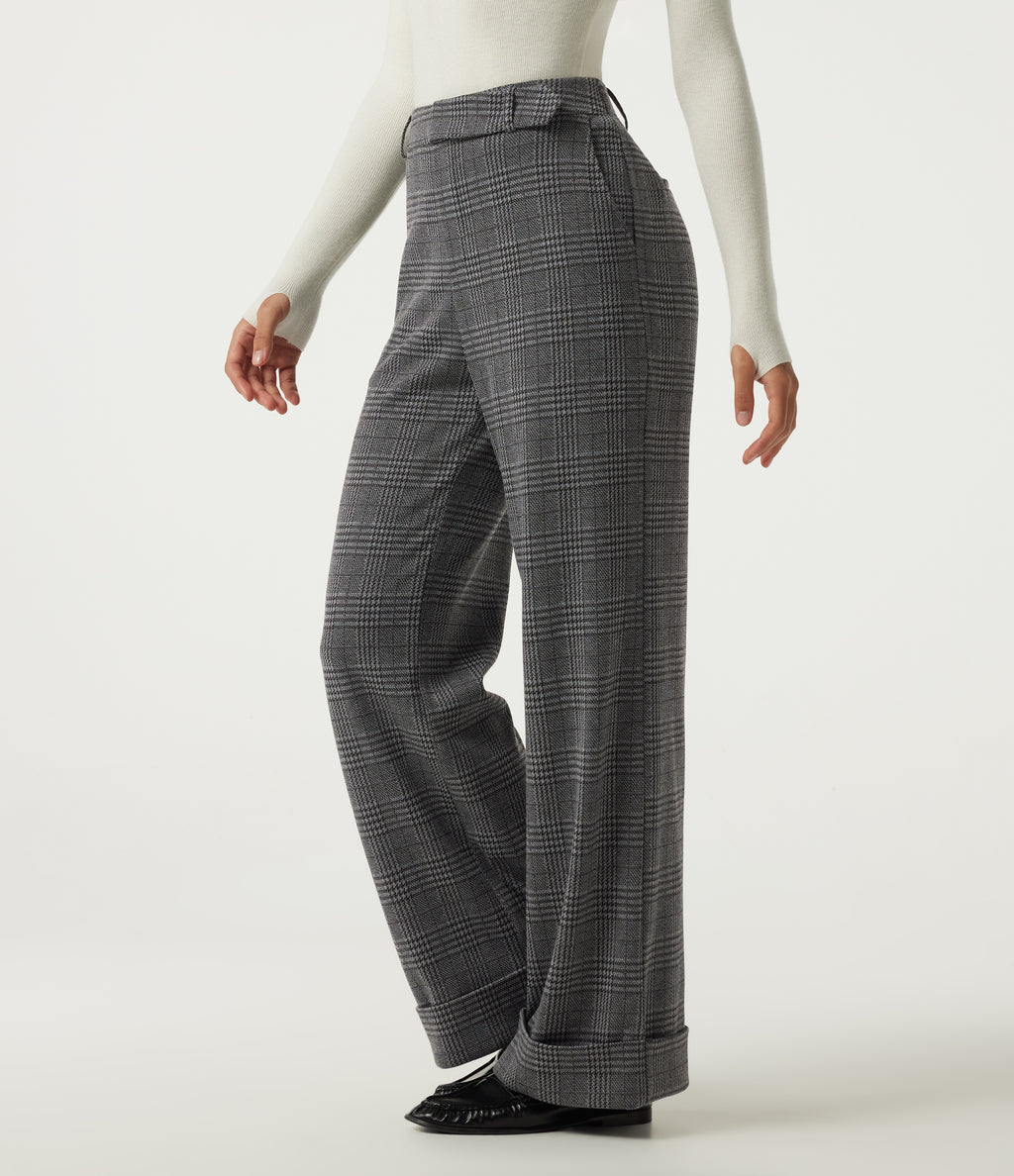 High Waisted Wide Leg Casual Trousers with Pockets — Dark Gray Plaid — view 1