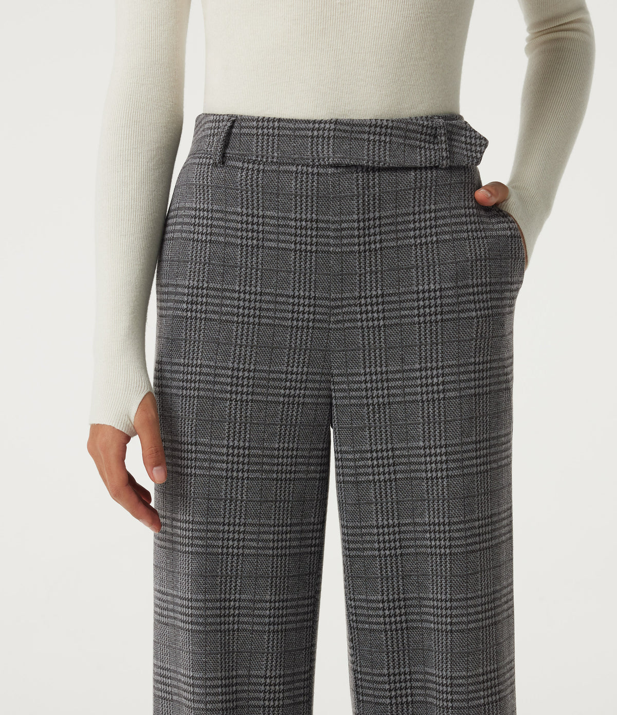 High Waisted Wide Leg Casual Trousers with Pockets — Dark Gray Plaid — view 4
